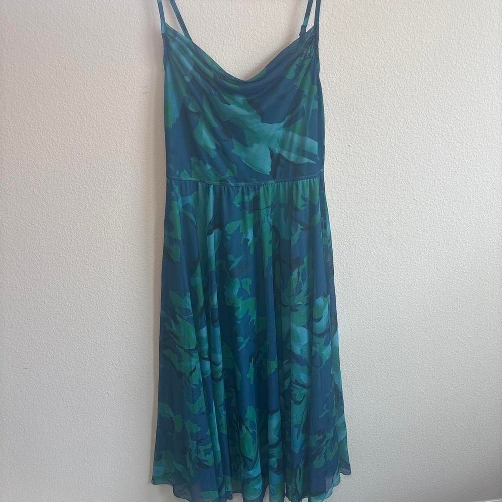 BTFBM Womens L Blue Green Leaf Print Cowl Neck Mesh Midi Dress Summer Tropical